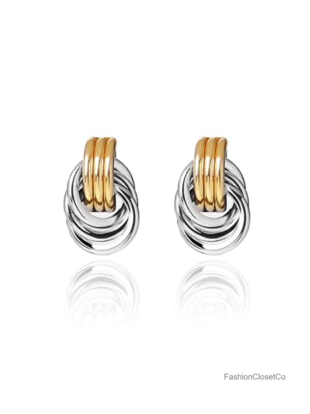 Two Tone Knot Earrings Women Gold Plated Brass Chunky Double Hoop Dangle